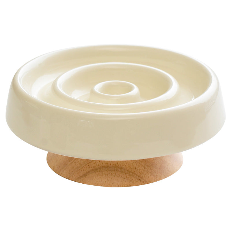 Ceramic Slow Feeder Pet Bowl with Wooden Base