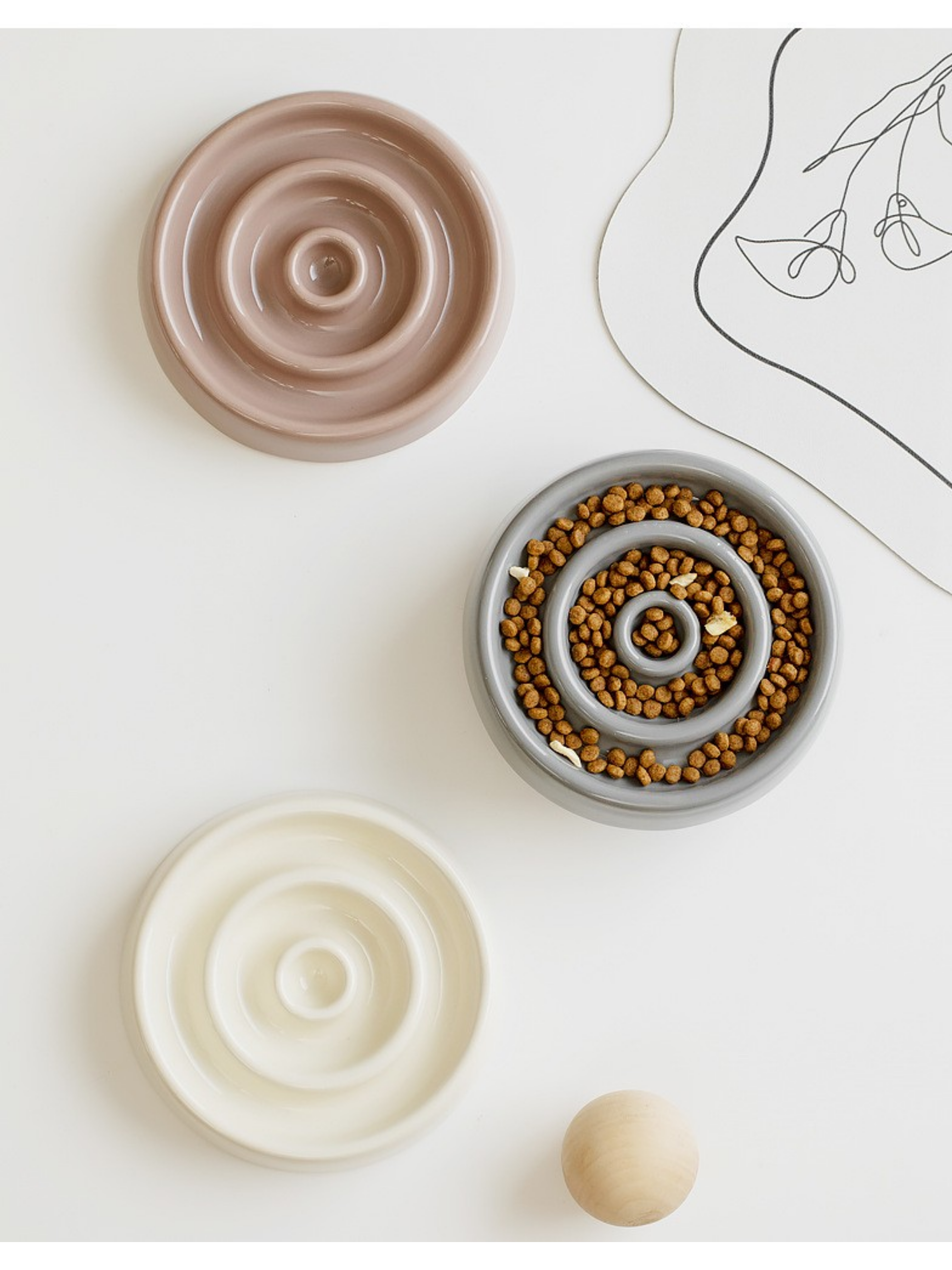 Ceramic Slow Feeder Pet Bowl with Wooden Base