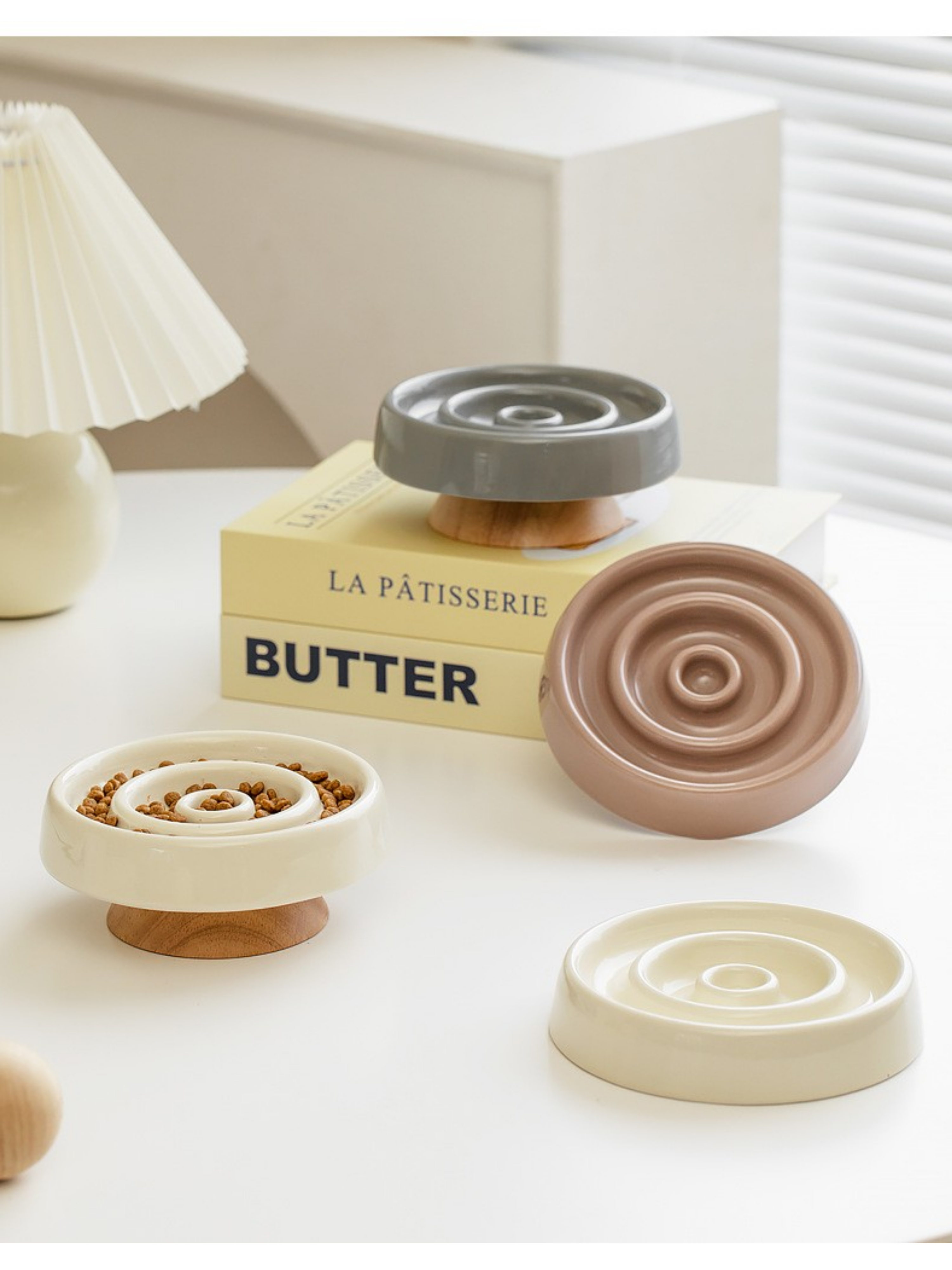 Ceramic Slow Feeder Pet Bowl with Wooden Base